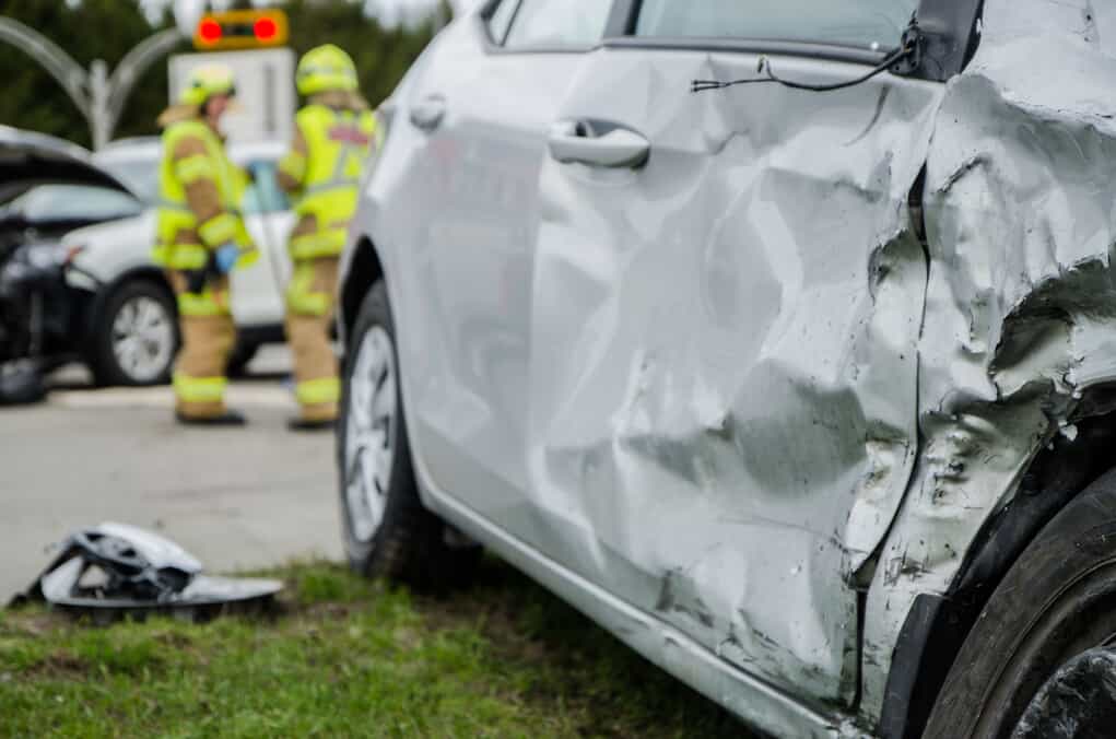 Many broken cars after a traffic accident in the parking lot of a